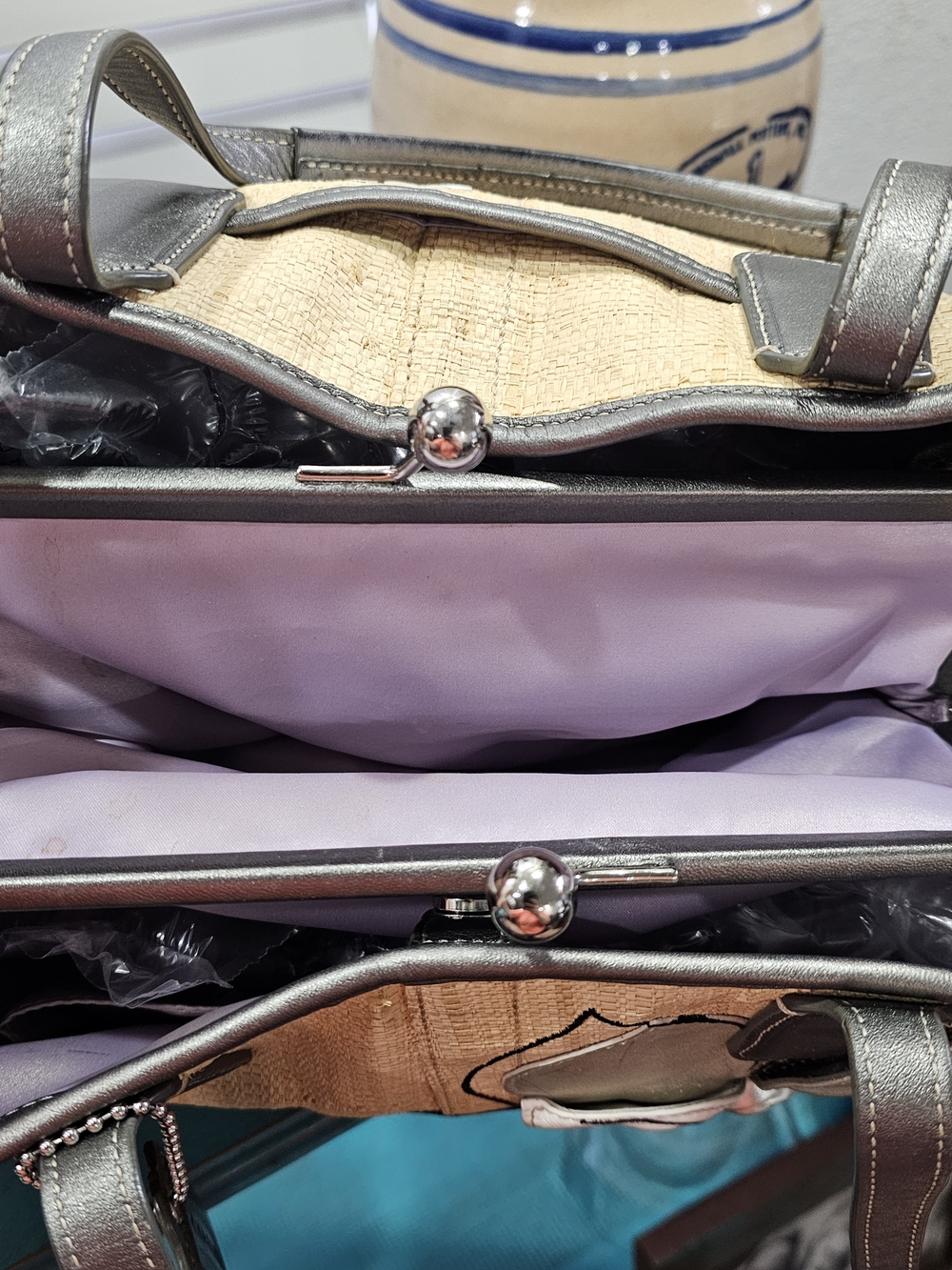 Coach Raffia Floral Appliqué Tote Bag, Lavender Lining Includes Wallet Pre Owned - Picture 6 of 14